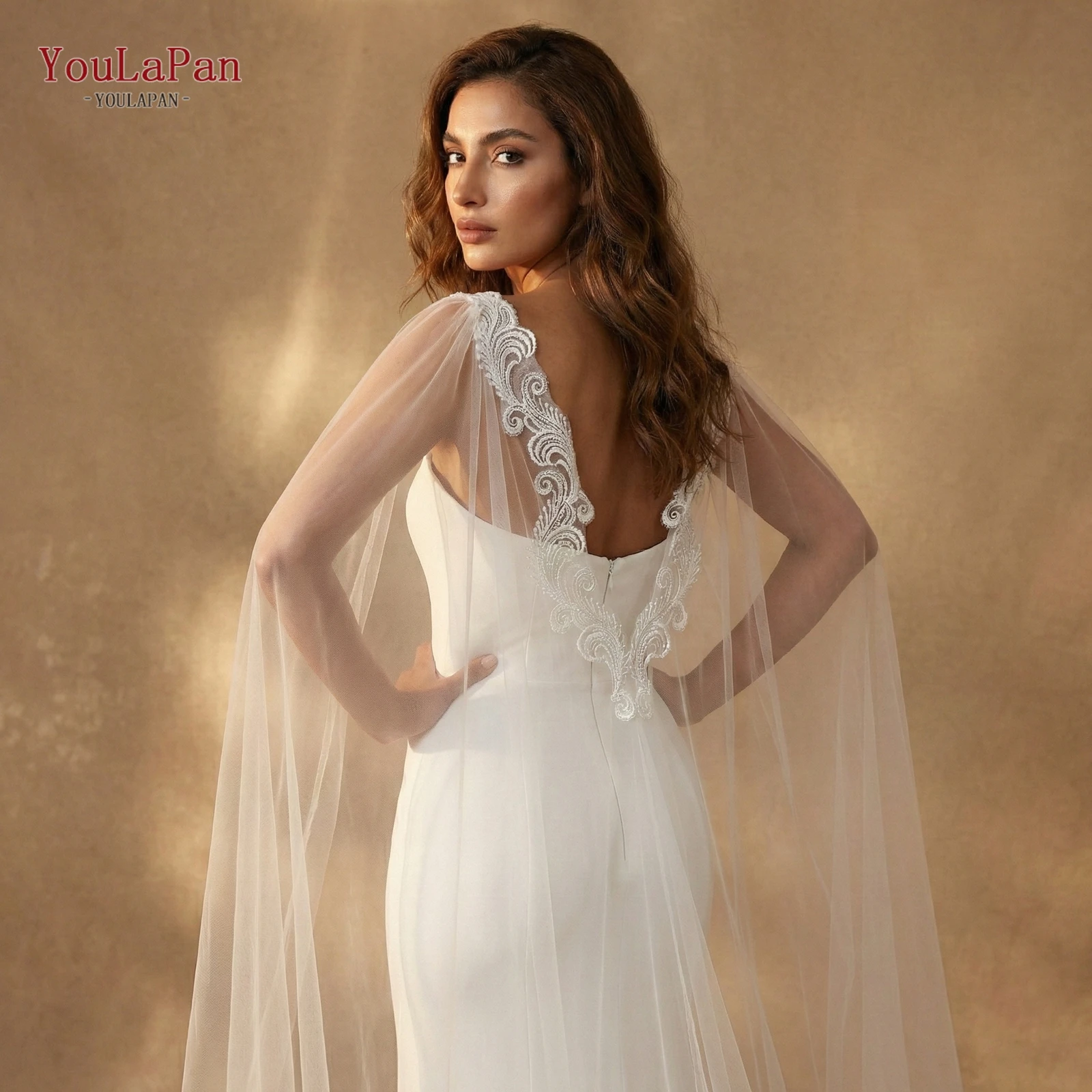 TOPQUEEN VG85 Elegant Bolero Wedding Long Bridal Jacket Trailing Cape Veil Cathedral Length Bridal DIY Wrap