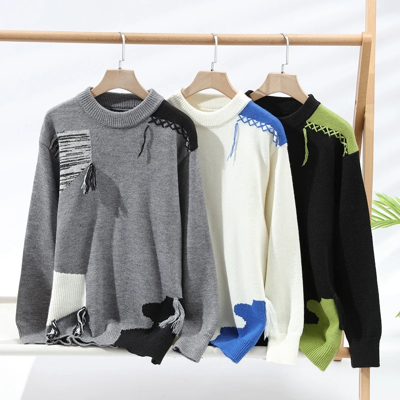 men's autumn winter long sleeves knit new sweater round neck high street trend pullover leisure fashion youth men clothing tops