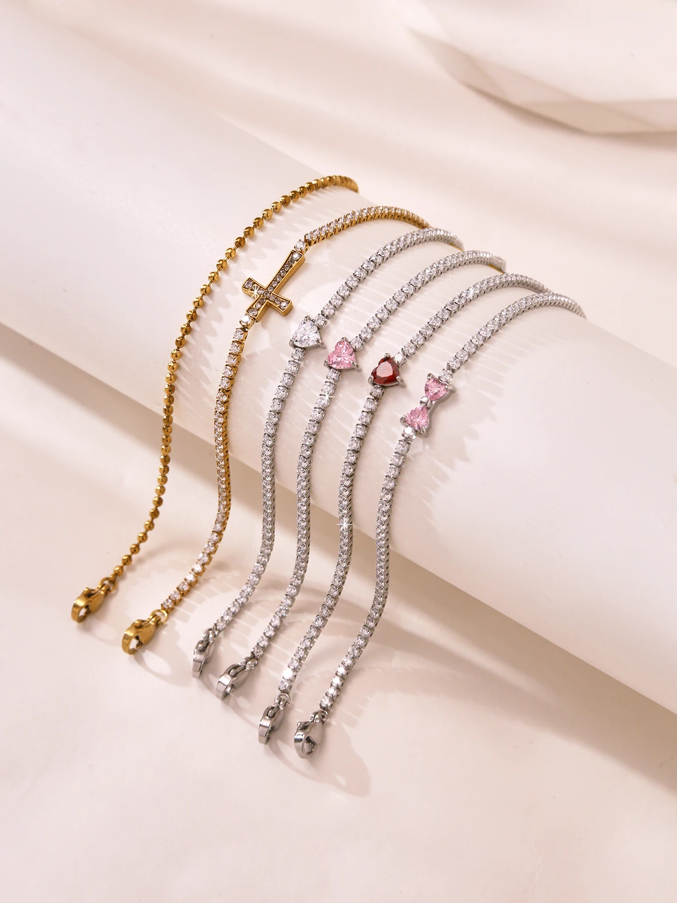 Fashionable, Unique, Light Luxury, Elegant Stainless Steel Heart-Shaped Bow Cross Bracelet For Women, Fully Set With Diamonds