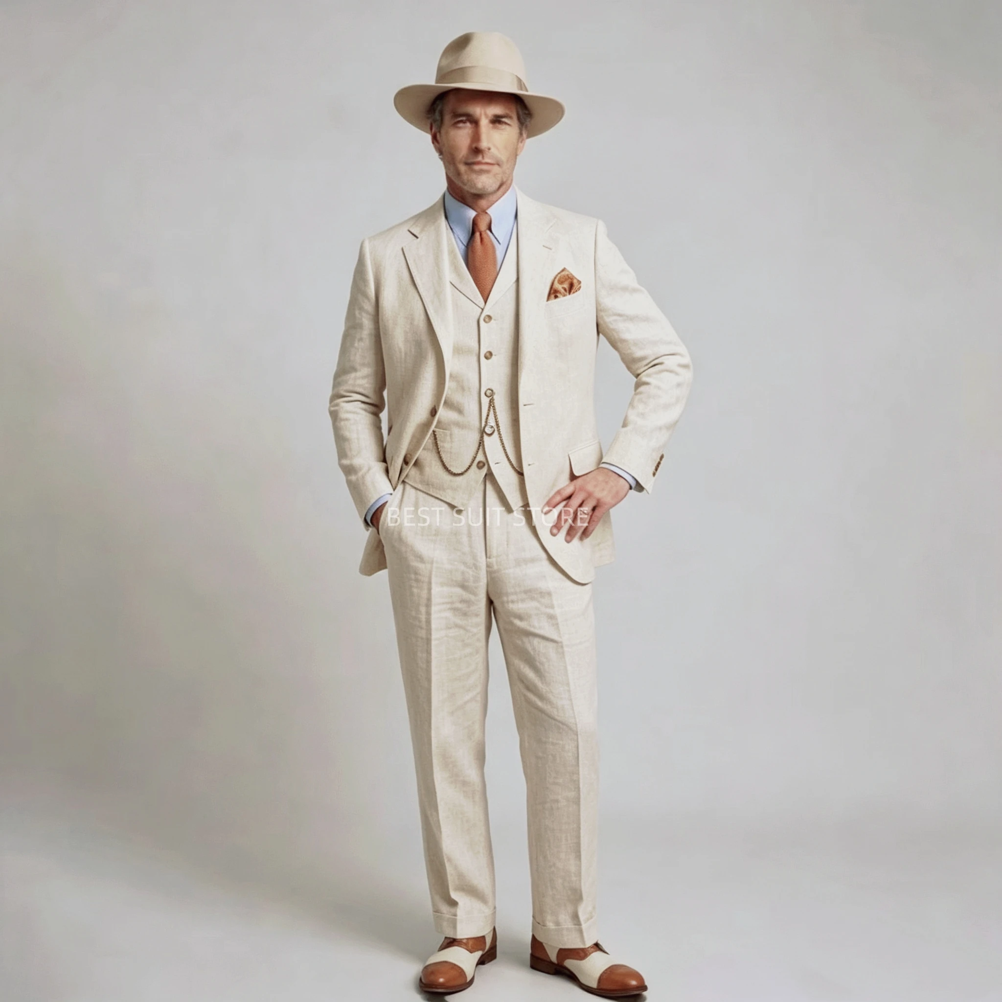Summer White Linen Wedding Tuxedo 3 Pieces Prom Men Suits Slim Fit Groom Blazer Vest Trousers Set Beach Wedding Suit for Men