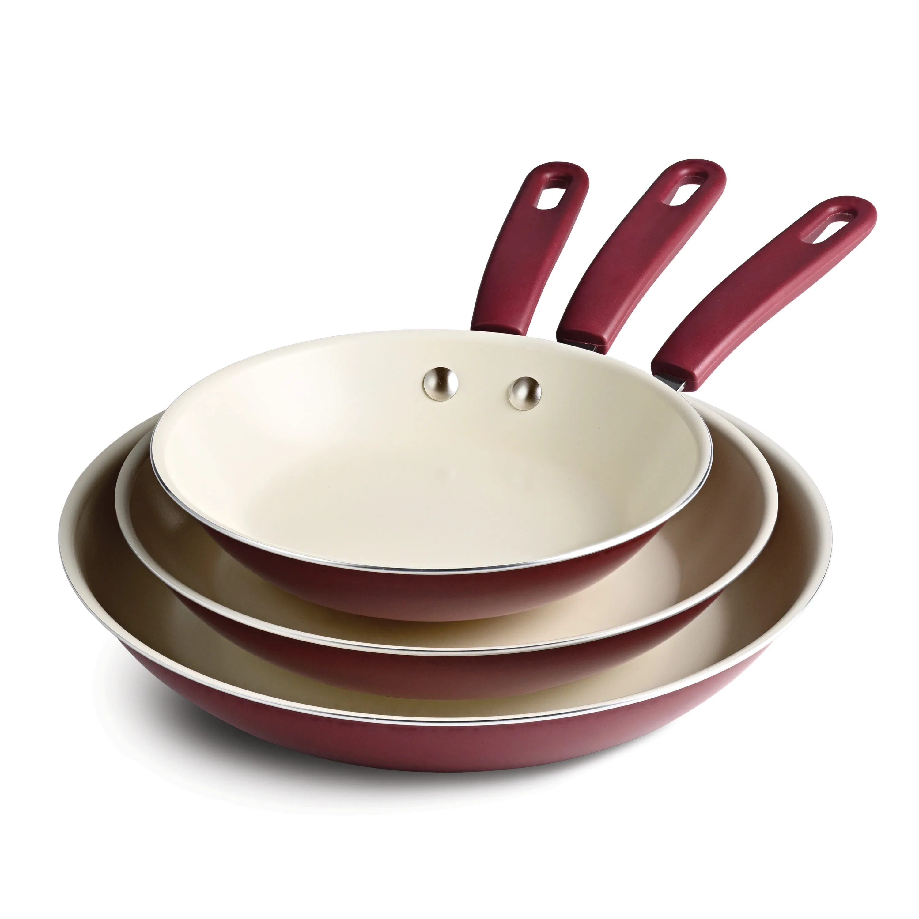 

Ceramaware 3-piece ceramic nonstick fry pan set in 8 9.5 and 11 inch sizes with wine color finish