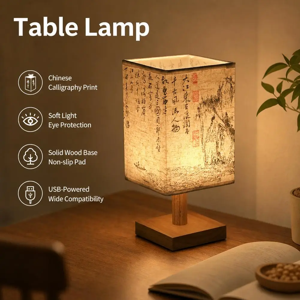Chinese Style LED Table Lamp Dimmable Bedside Night Light Fabric Shade Calligraphy Desk Lamp for Bedroom Study Tea Room Decor