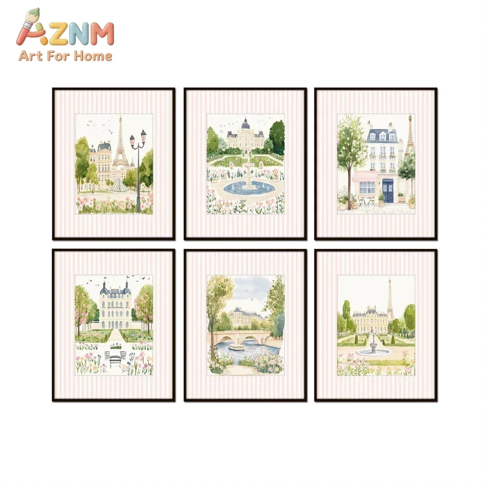 AZNM Paris City Landscape Canvas Wall Art, Eiffel Tower French Garden Watercolor Art Print, Unframed Canvas Painting for Bedroom