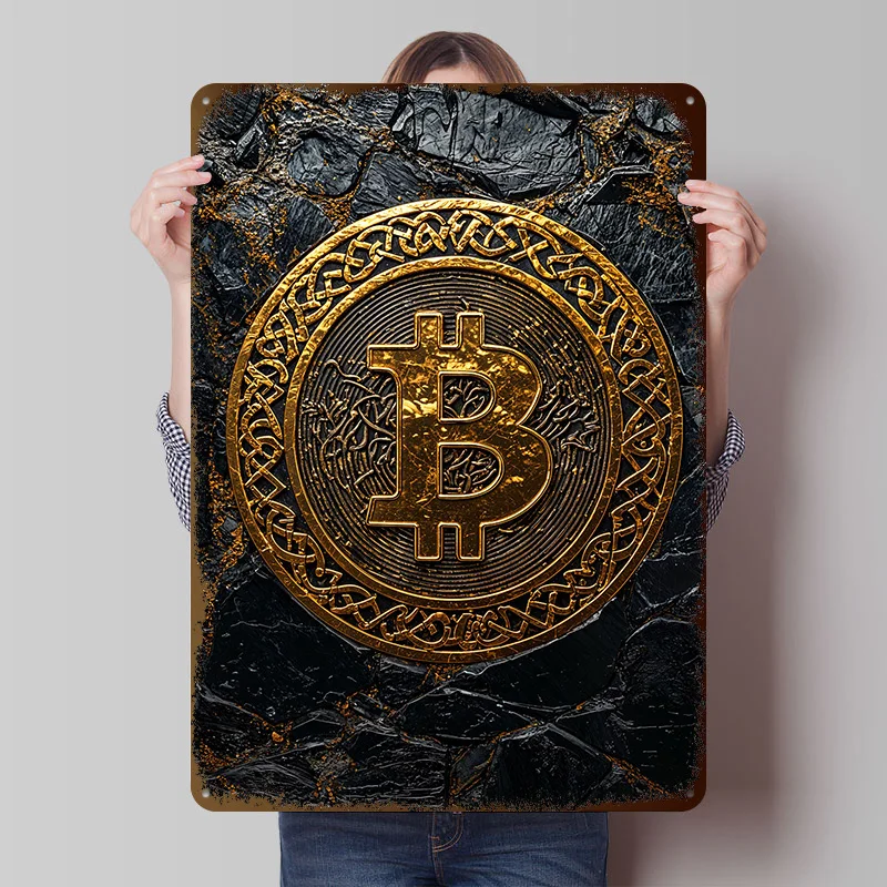 Bitcoin Coin With Celtic Design Metal Poster Customized Wall Art Retro Vintage Metal Signs for Man Cave Custom Plate Tin Sign