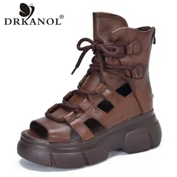 DRKANOL prawdziwa skóra Retro sandały z odkrytymi palcami kobiety letnia platforma zwiększenie Hollow Back Zipper High Top casualowe sandały czarne