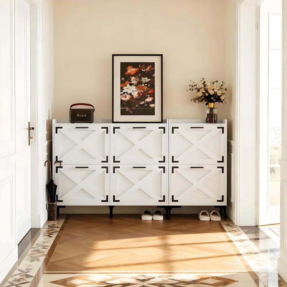 خزانة تخزين الأحذية مقاس 70 بوصة مع 6 أدراج قابلة للطي، منظم أحذية المزرعة 2 في 1 مع تصميم باب الحظيرة وأرجل معدنية، قائم بذاته #4