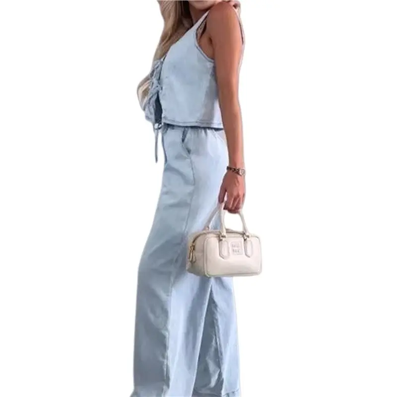 

CYL-Women Denim Lounge Sets Sleeveless V Neck Tank Lace Up Top Pocket Wide Leg Pants