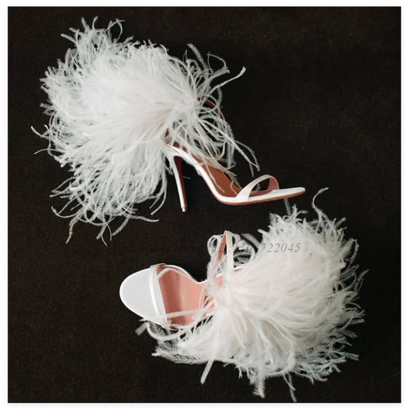 

Black/White Fur Leather Sexy Feather Sandals Women's 2025 Summer New in Open Toe Ankle Strap High Heels Party Wedding Shoes