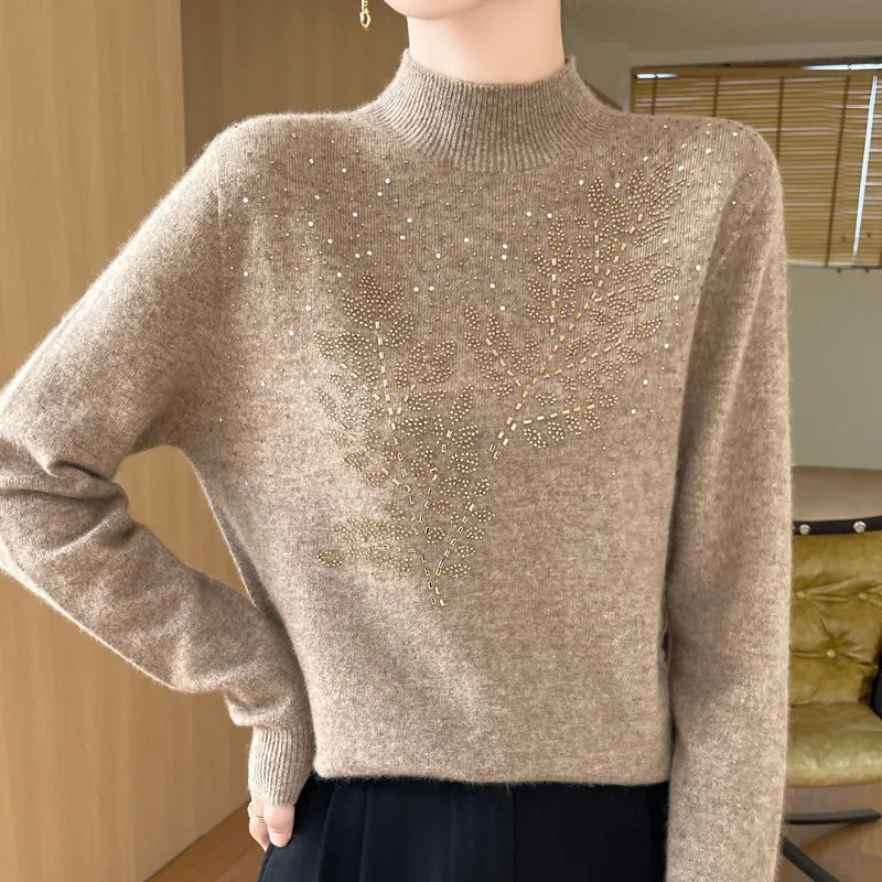 

Сверхмощная женская полуводолазка с горячим просверленным воротником, свободное пальто со средним воротником, шерстяной свитер