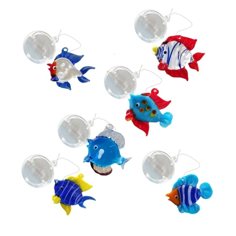 652F Set of 6 Artistic Glass Hanging Fish with Bubble, Window Charm Aquarium Float Decoration for Home and Office