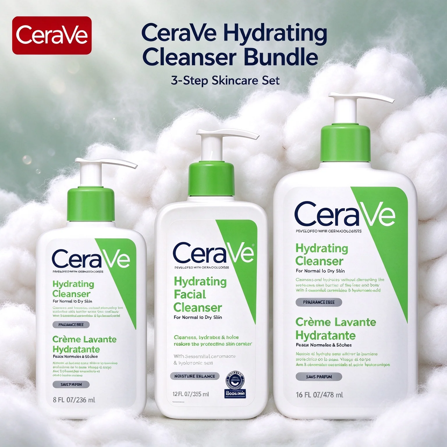CeraVe Hydrating Cleanser 8oz/12oz/16oz(236ml/355ml/473ml) Fragrance Free Crème Lavante Hydratante For Normal to Dry Skin
