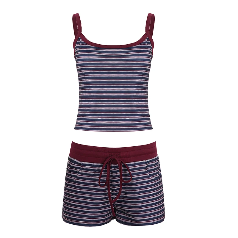 عادية التباين اللون مخطط السراويل مجموعات النساء Homewear سليم 2 قطعة مجموعات مائل الرقبة أكمام Csmis القمم منخفضة الخصر السراويل