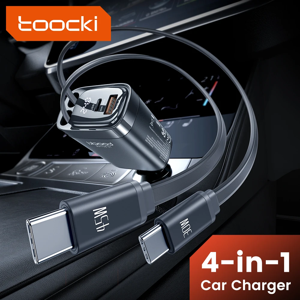 Toocki 105W Car Charger USB C Retractable Cable 0.75m PD 45W QC 3.0 SCP SFC2.0 PPS Fast Charging for iPhone 18 17 Samsung Tablet
