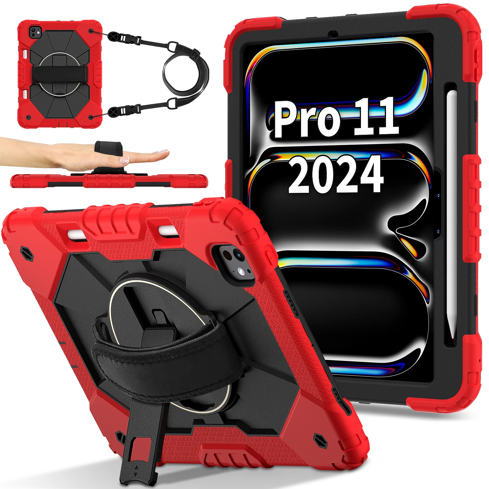 

Anti-Slip Kickstand Case For iPad Pro 11 2024 M4 Model A2836 A2837 A3006 360 Rotating Heavy Duty Funda Cover With Shoulder Strap