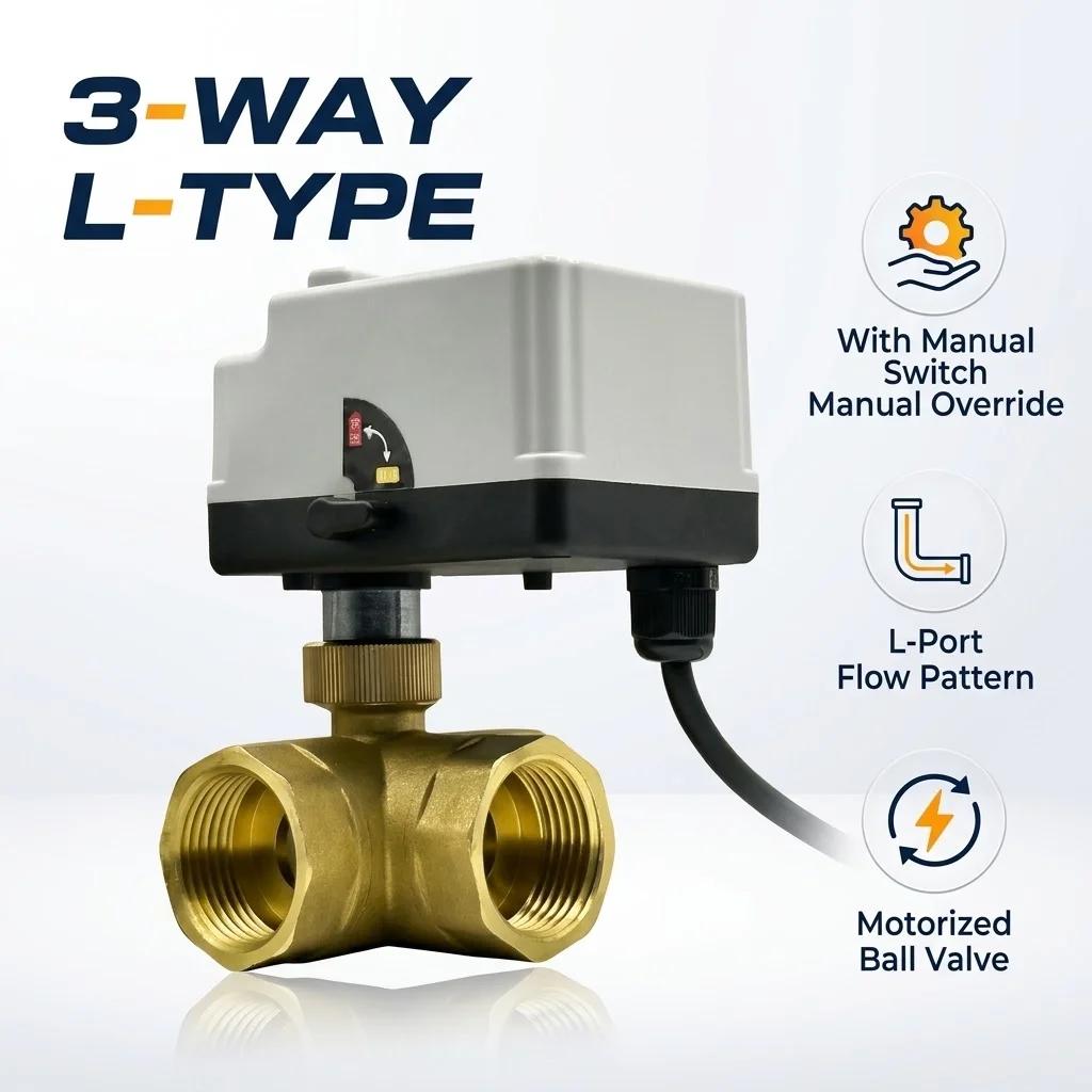 Three Way L Type Brass Motorized Ball Valve 1/2'' to 2'' Three Wire Two Control 220V 12V 24V With Manual Switch