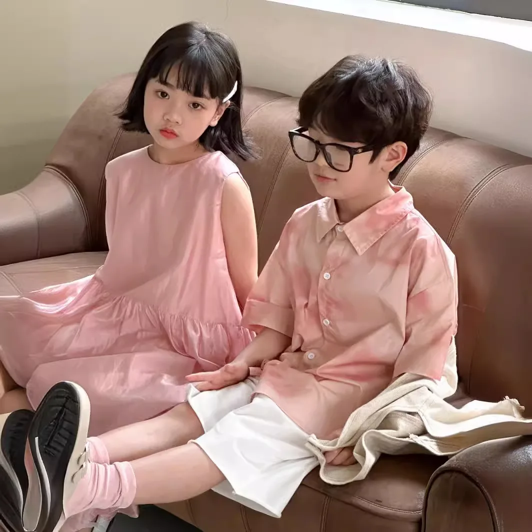 Custom Kids Set 2026 Summer Boys and Girls Korean Sibling Set Sleeveless Dress Kids Short Sleeve Shirts Shorts