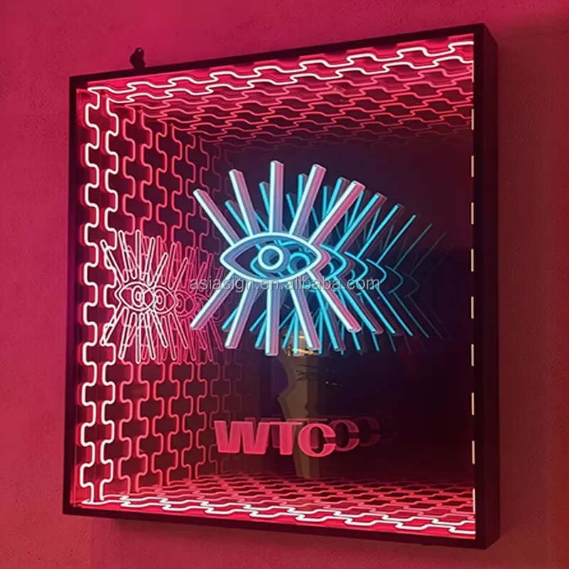 Custom 3D Rectangle Round Infinity Abyss Mirror LED Light Box Advertising Wall Mount Office Reception Custom Logo Mirror