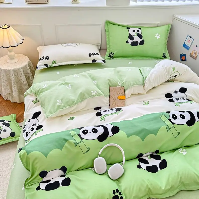 Cute Panda Duvet Cover Set with Flat Sheet Pillowcases Fashion Cartoon Kids Full Size Girls Boys Home Dormitory Bedding Set