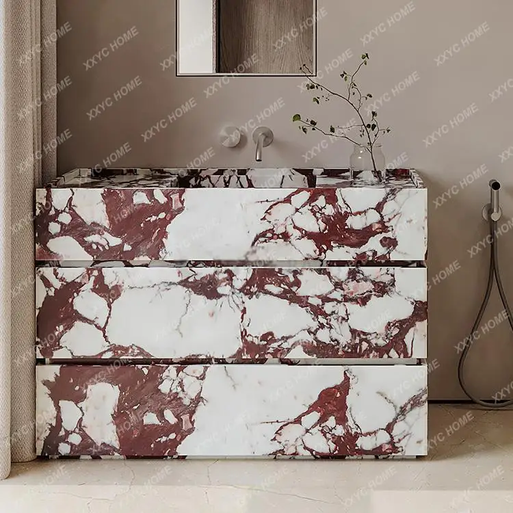 Style Floor-Standing Vanity: Luxury Stone Slab Bath Cabinet w/ Top or Undermount Sink, Antique Marble Look Bathroom Set