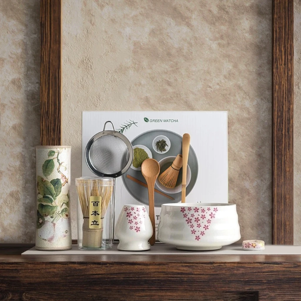 

BespritGift 8pc Cherry Blossom Matcha Kit Handcrafted Ceramic Bowl Bamboo Whisk Frother Song Dynasty Inspired Tea Tools