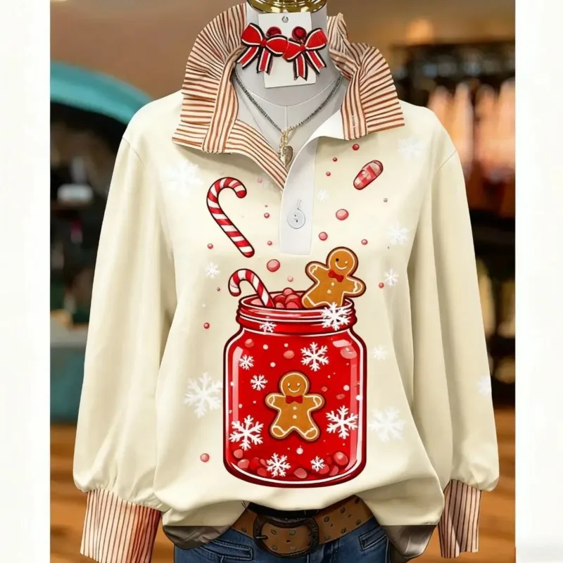 

Spring and Autumn Winter Women's Stand up Collar Shirt Long Sleeve, Various gingerbread figures and sugar patterns