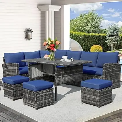 Patio Furniture Set 7 Pieces Outdoor Patio Furniture with Dining Table&Chair All Weather Wicker Conversation Set withOttoman