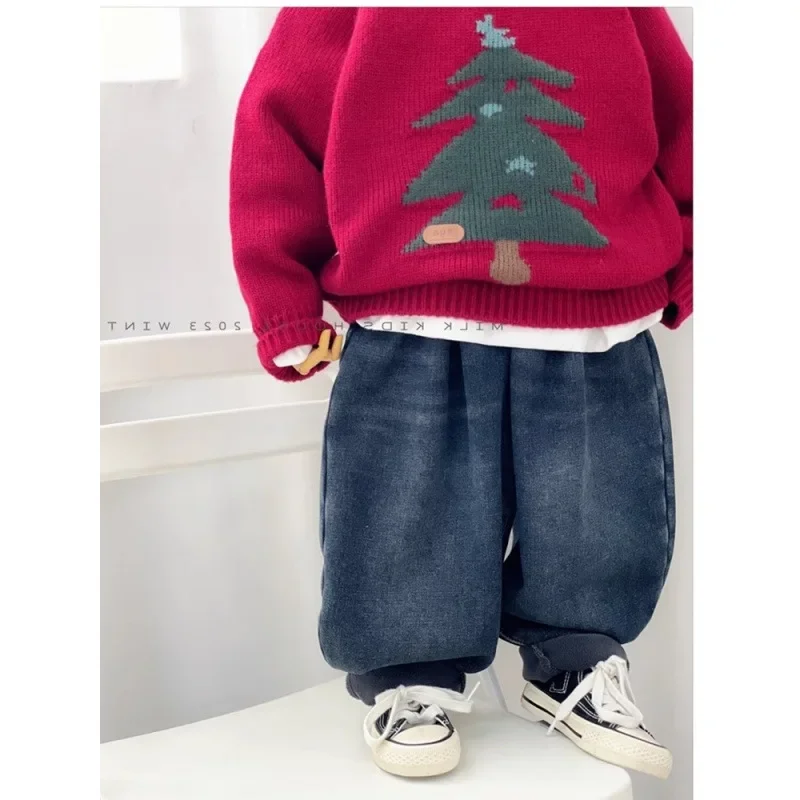 Ropa para niños, suéter de Navidad rojo Kawaii para bebés y niñas, suéter de punto con bordado bonito de árbol de Navidad, jersey de alta calidad