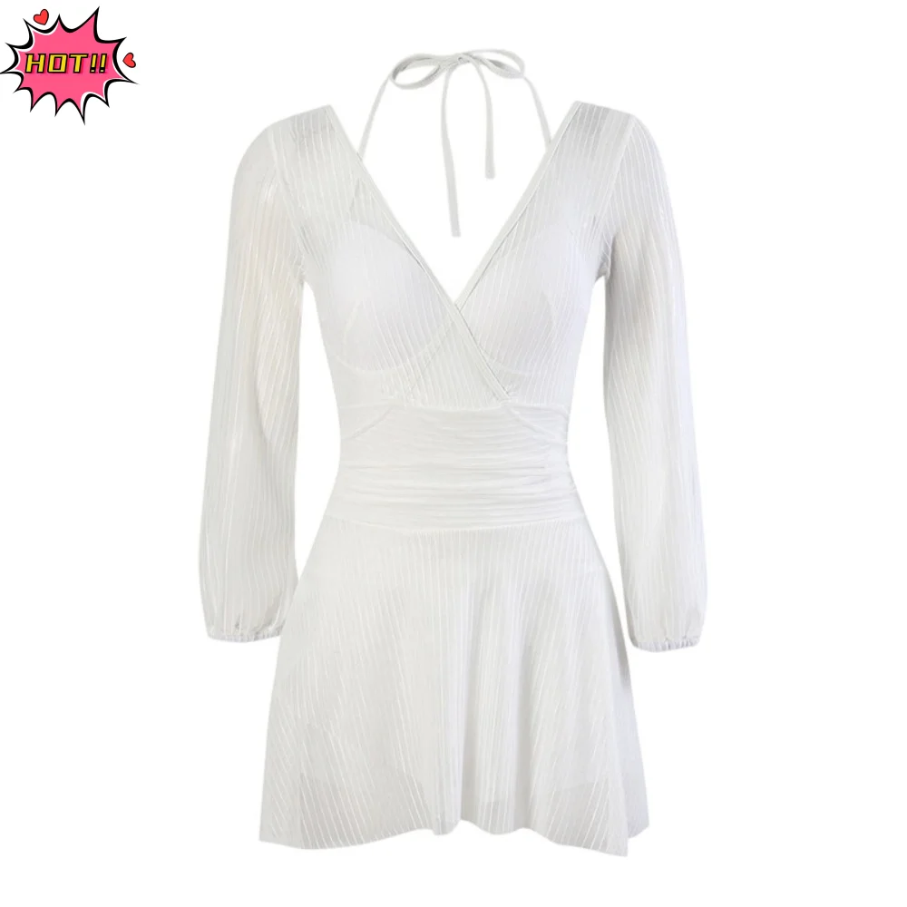 

Женский купальник с кружевным дизайном, длинными рукавами, на косточках, с V-образным вырезом, без спинки, для отпуска, с эффектом пуш-ап, сетчатый