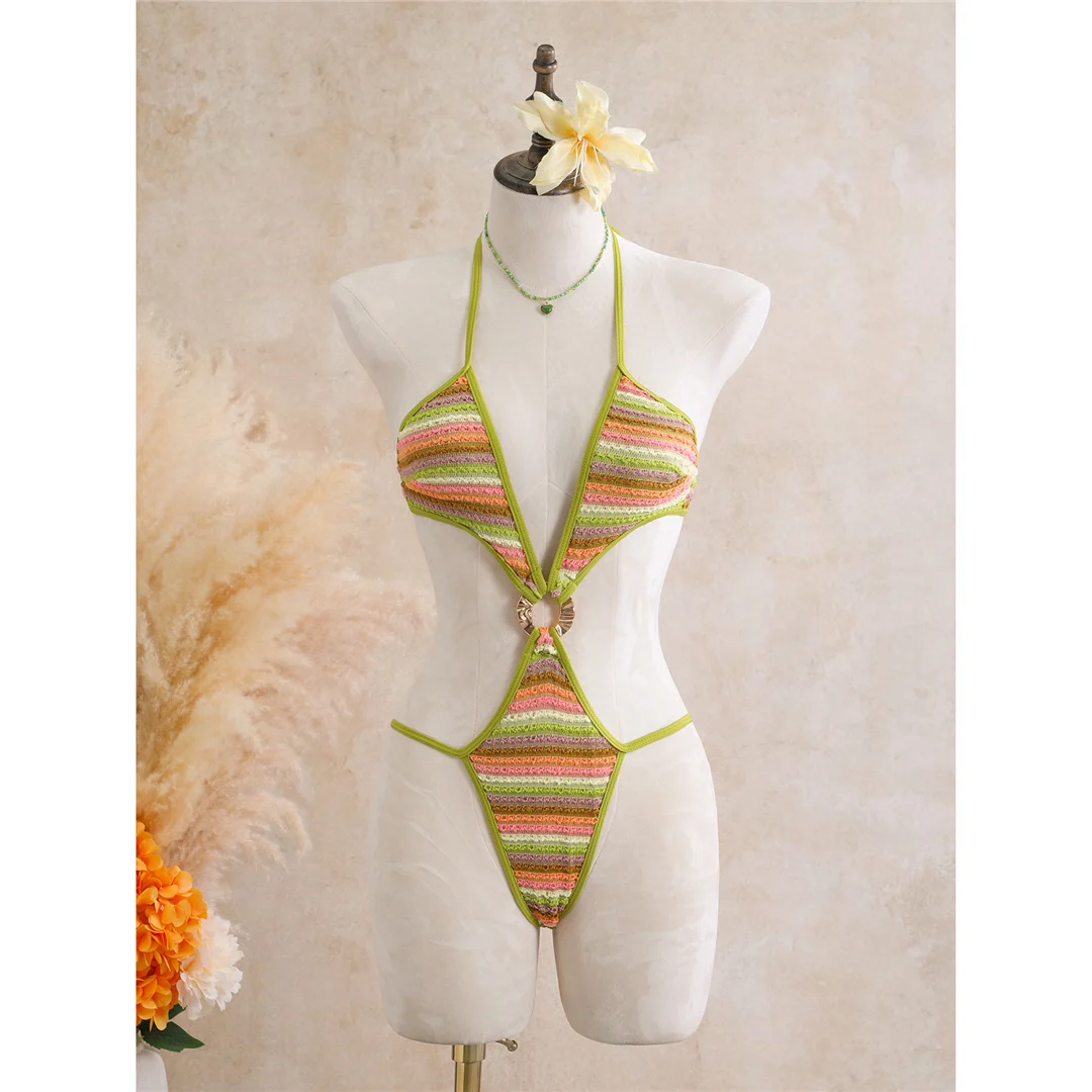 Mit Rock, gestreiftem Halterneck, V-Ausschnitt, Damen-Badeanzug, einteiliger Badeanzug, Damen-Monokini, hoher Beinausschnitt, Badebekleidung, Badeanzug, V8345. – Detail 21