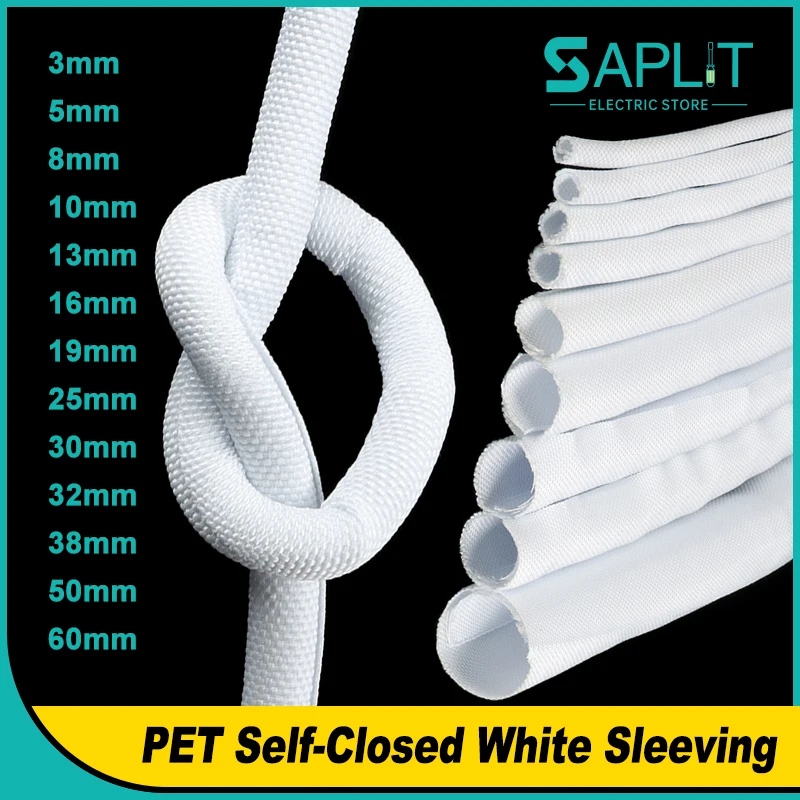White PET Braided Self-Closed Sleeve 3 5 8 10 13 16 - 60mm Office Cable Organiser Household Appliance Wire Harness Wrap Sleeving