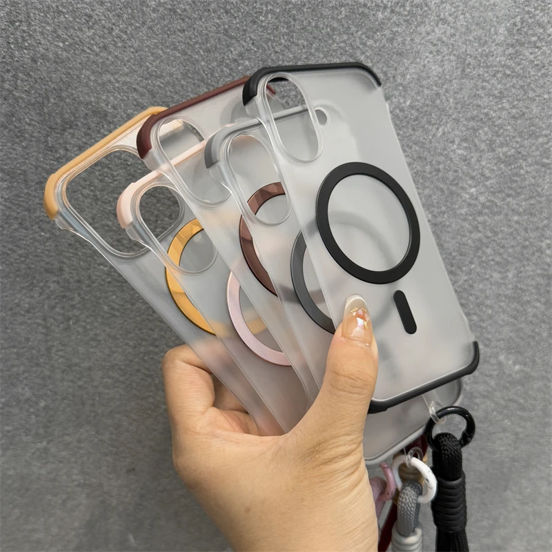 Frameless For Magsafe Magnetic Matte Case For iPhone 16 Pro Max 12 13 14 15 Plus Wrist Strap Cord Soft Shockproof Bumper Cover