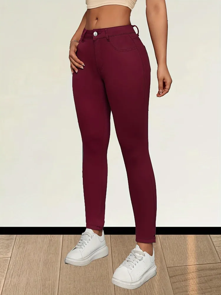 

Wine red fashionable elastic small leg jeans
