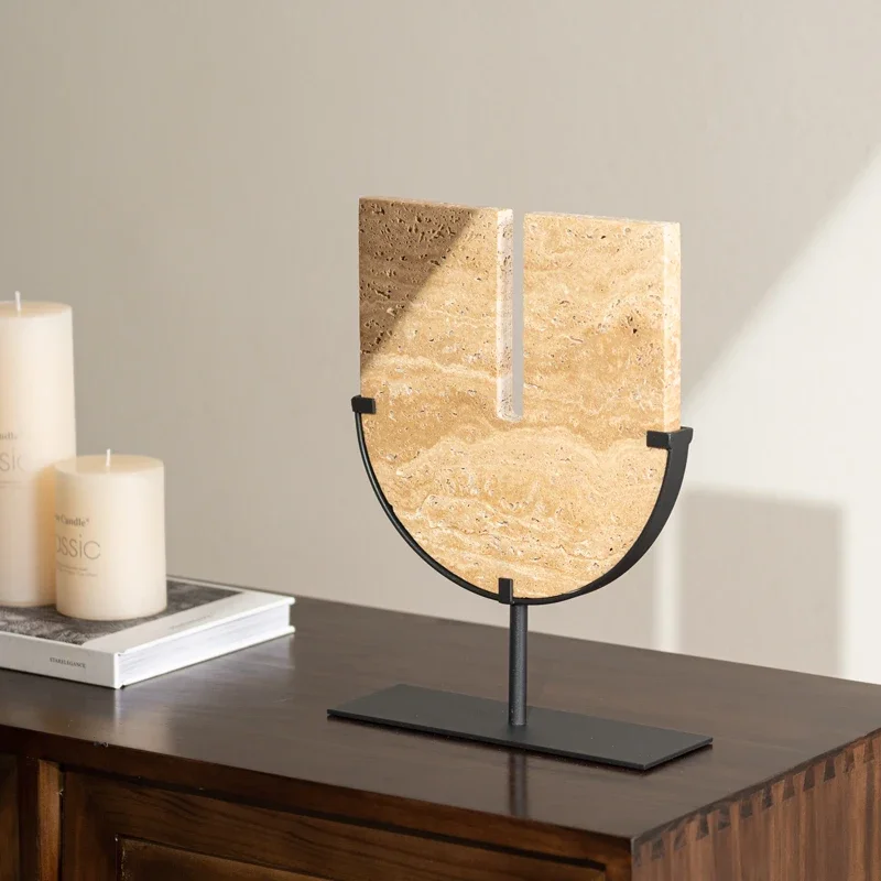 Beige Travertine Sculptures for Home Decoration U Shape Ornament for Coffee Table Shelf Entryway Living Room Decor