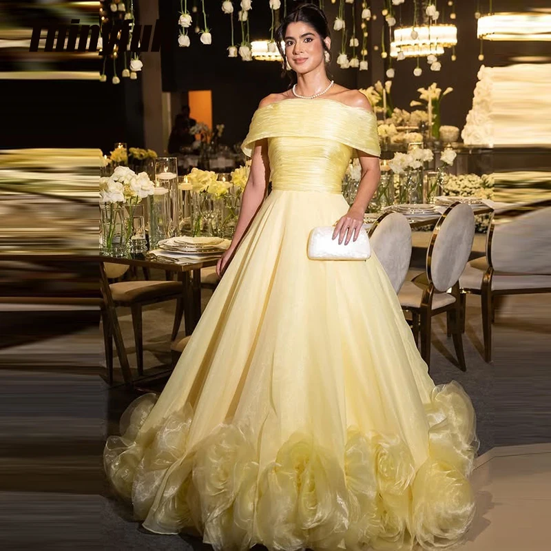 Thinyfull 3D Flower A-line Arab Prom Dresses Off Shoulder Organza Evening Gown Formal Occasion Dress robes de soirée Customized