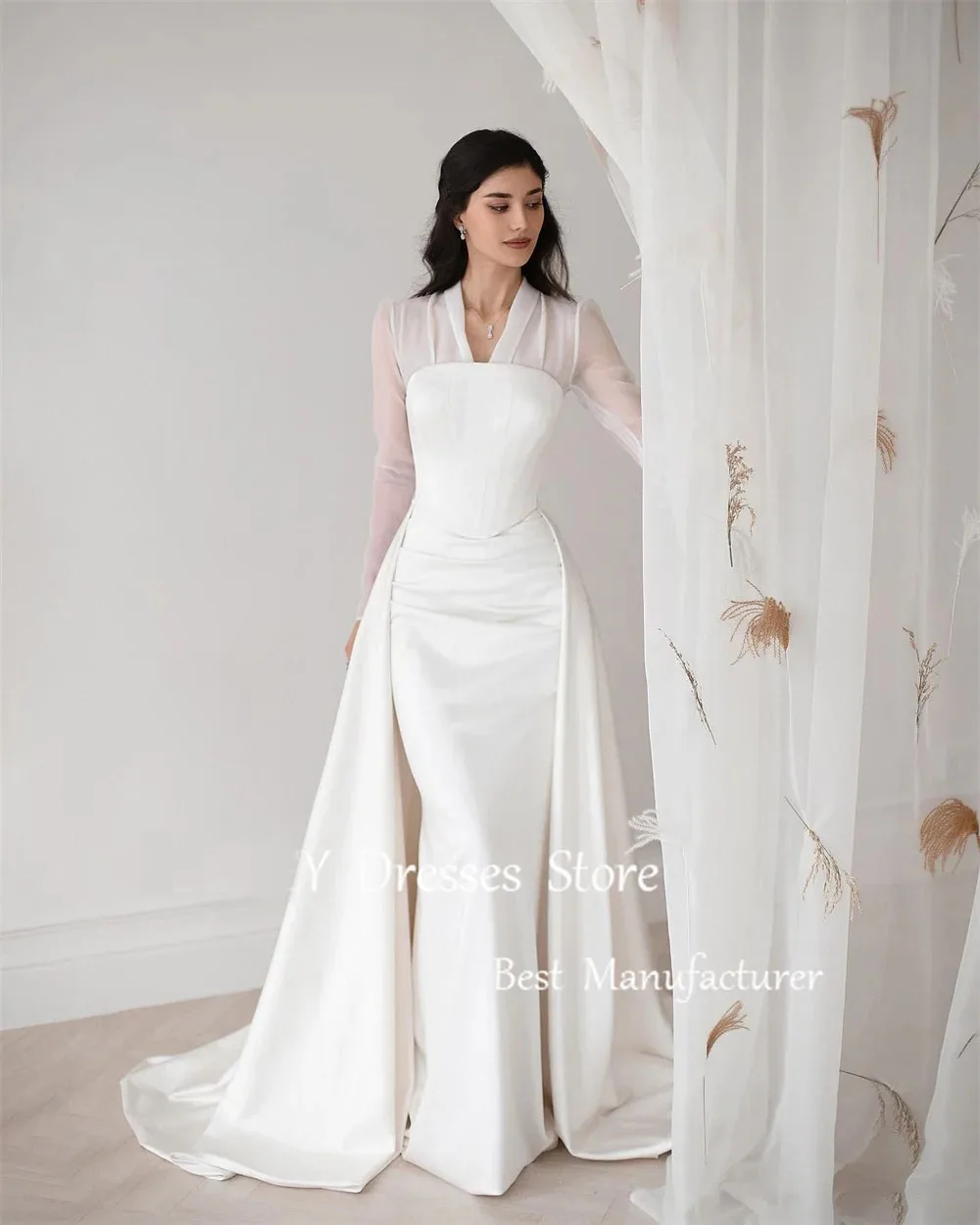 ML Modest Ivory Mermaid Wedding Dress V Neck Full Sleeves Bridal Gown Customized Arabic Plus Size Corset Formal Gown