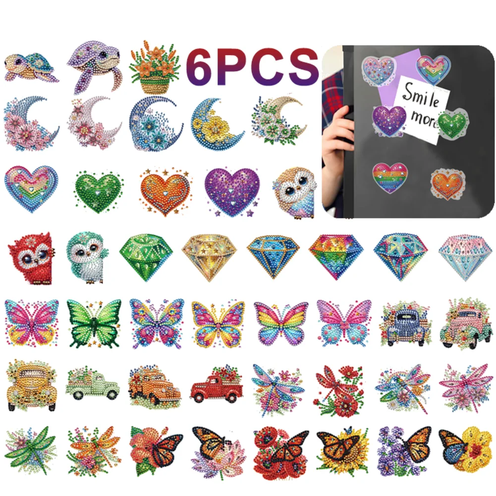 6PCS DIY Full Drill Special Shaped Diamond Painting Fridge Magnet Sticker Diamond Embroidery Owl Moon Home Kitchen Decoration