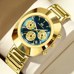 Mens Multifunctional Quartz Watch Fashionable Stainless Steel Strap Blue Gold Business Style Fashionable Oval Sports Wrist Watch