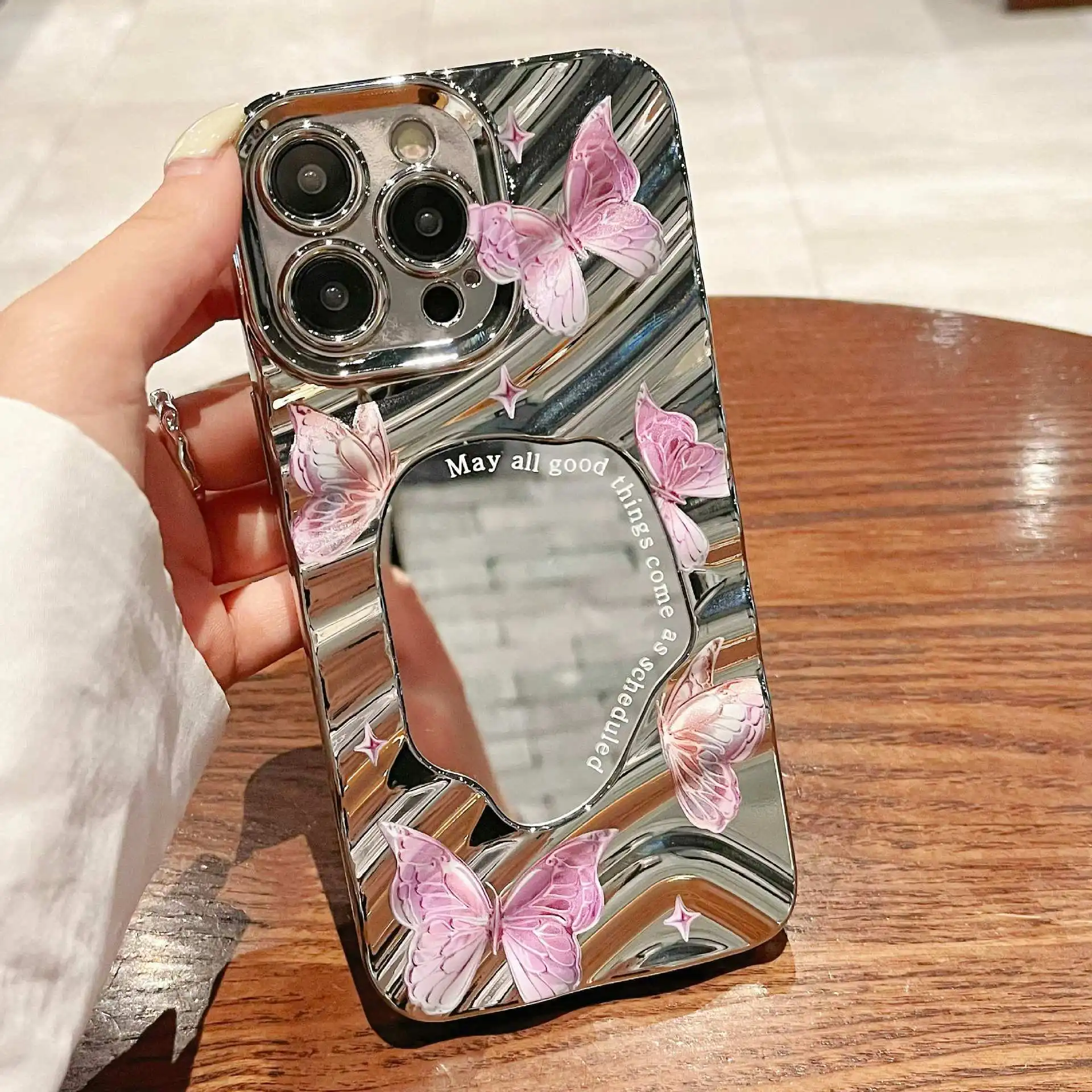 

Electroplated Mirror Pink Butterfly TPU Case for IPhone 16 14 15 13 11 12 Pro Max Plus Lens All-inclusive Shockproof Protection