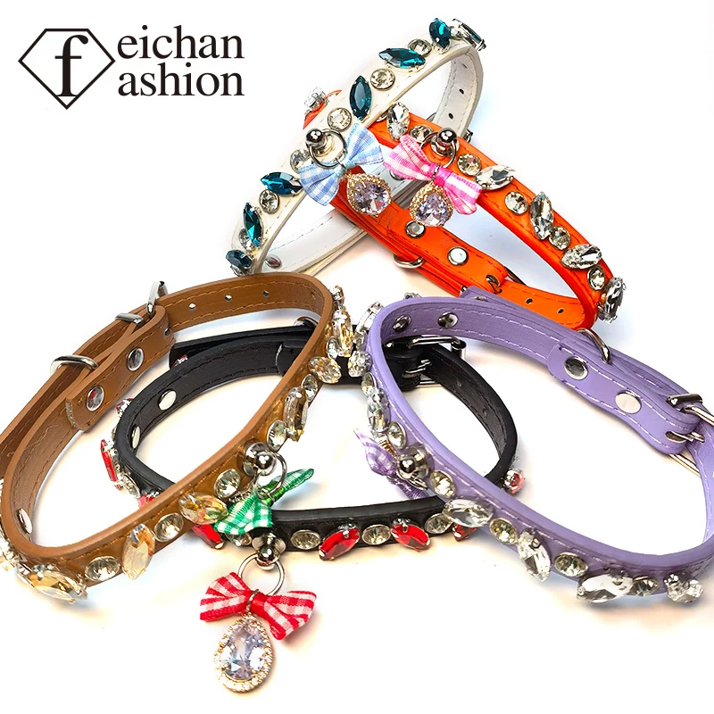 

feichan Diamond jewelry decorated cat and dog fashion collar can be customized with pet name Top grade leather Fashion design