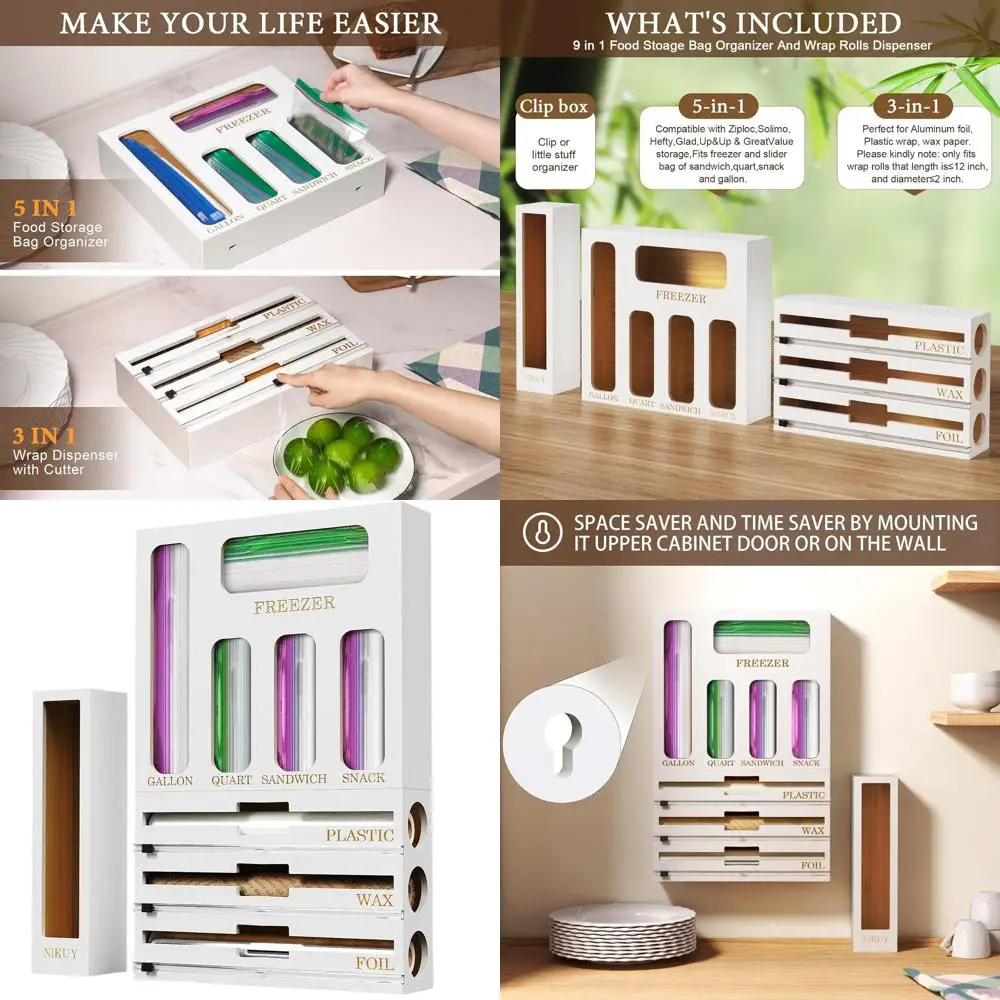 

9-in-1 Kitchen Plastic Bag Organizer, Storage and Dispenser with Labels for Quart, Gallon, and Snack Bags (White)