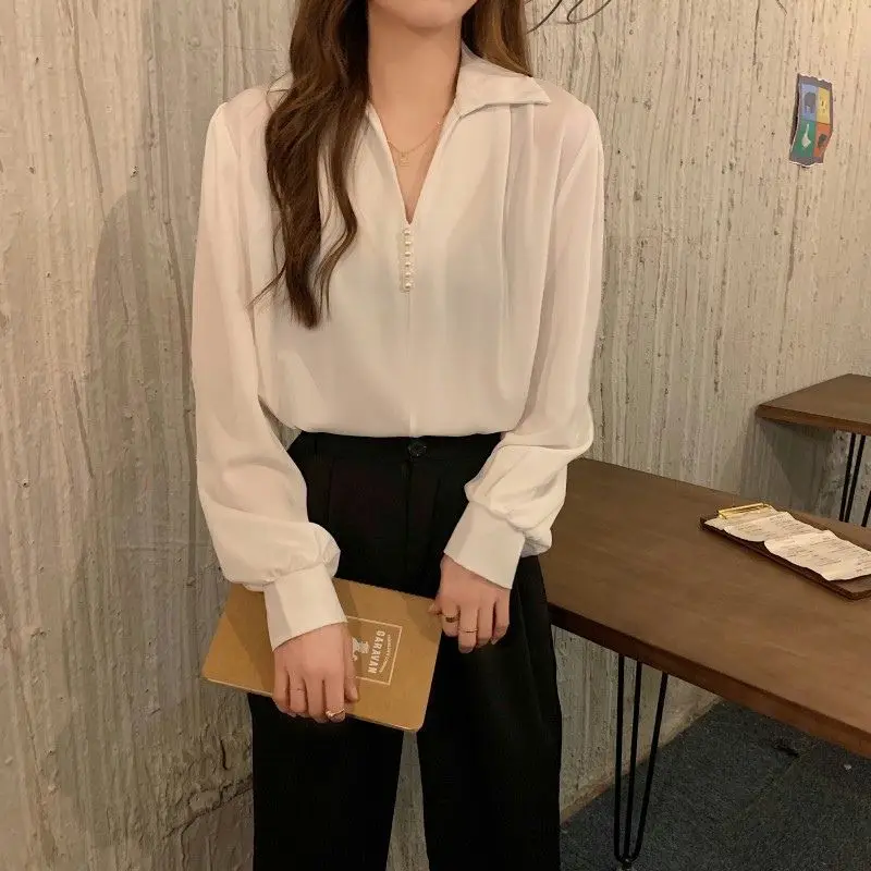 Women\'s Black White Elegant Chic Beaded Blouse Fashion V Neck Long Sleeve Loose Shirt Casual Simple All Match Tops Female Blusas