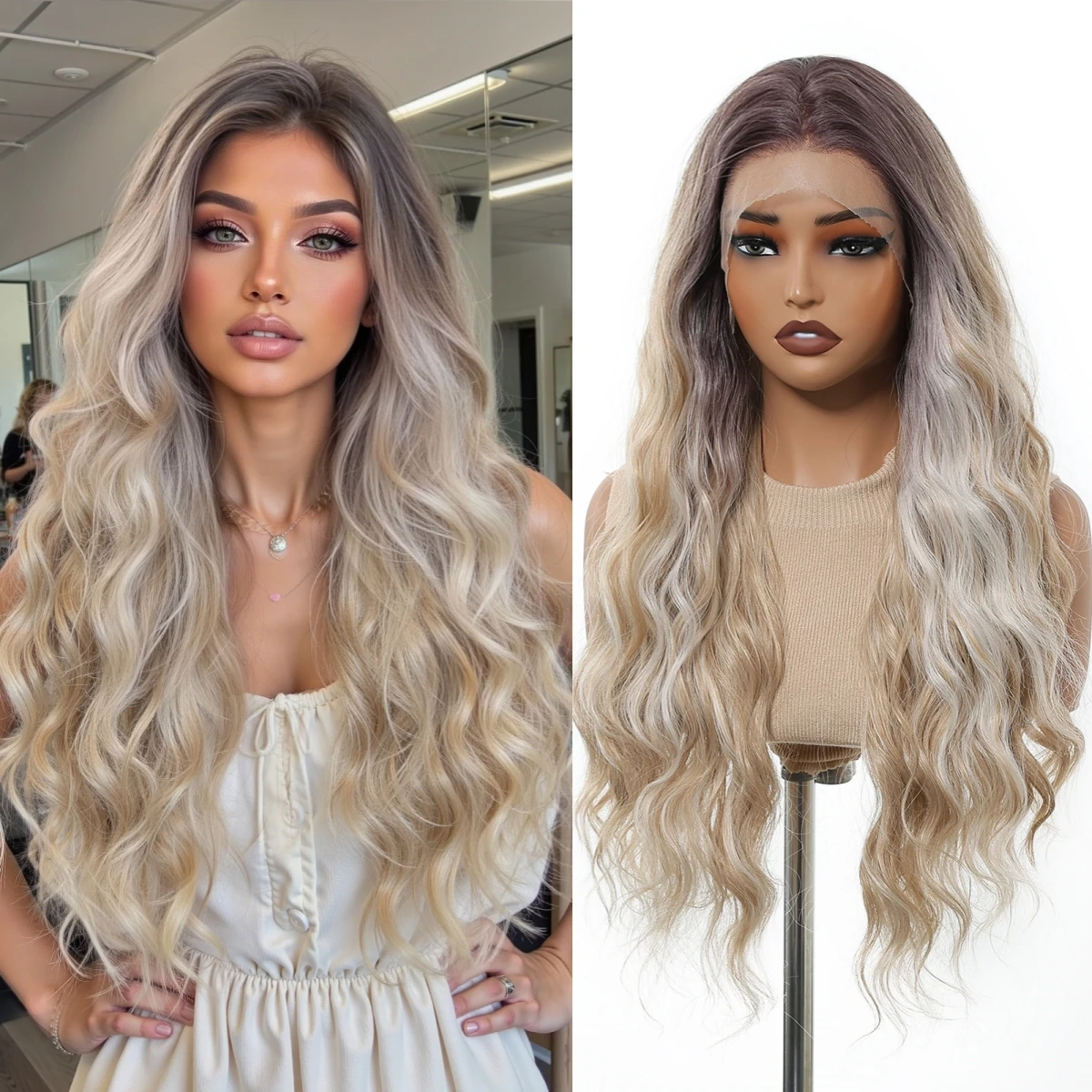 

HAIRCUBE Ombre Blonde Highlights Парики для косплея для женщин Длинные волнистые вьющиеся парики Высокая плотность 13*4 Кружевные фронтальные синтетические парики