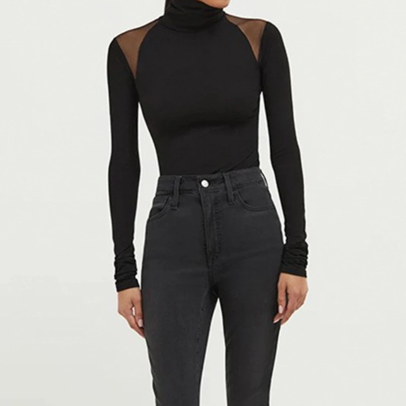 

Women's High Neck Mesh Splicing Slim Fit High Elasticity Temperament Long Sleeved Jumpsuit Top for Women