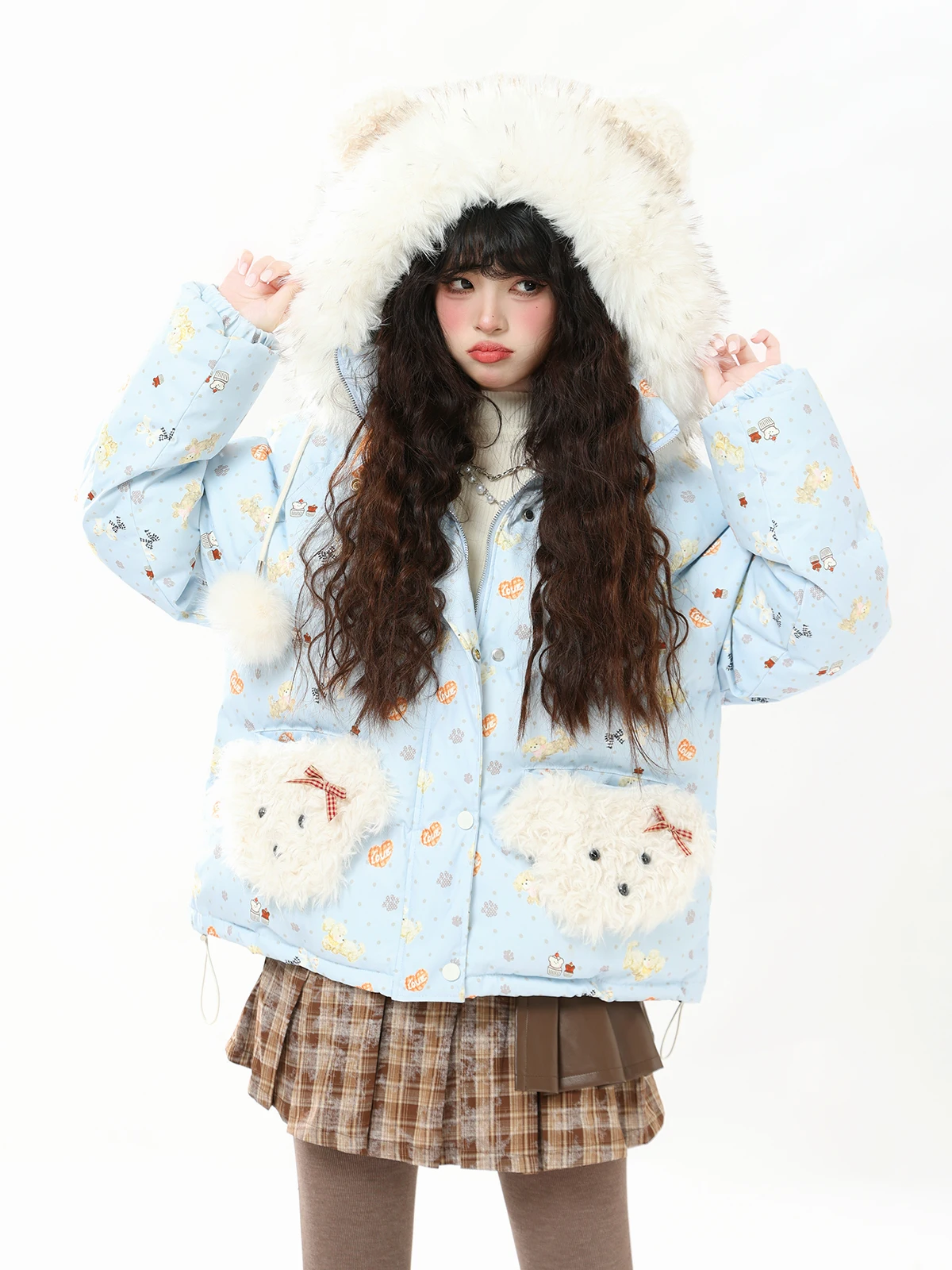 

Cute Bear Fur Collar Floral Print Hooded Thiened Winter Cotton Jaet Women's Loose Design Sense Lovely Cotton Coat