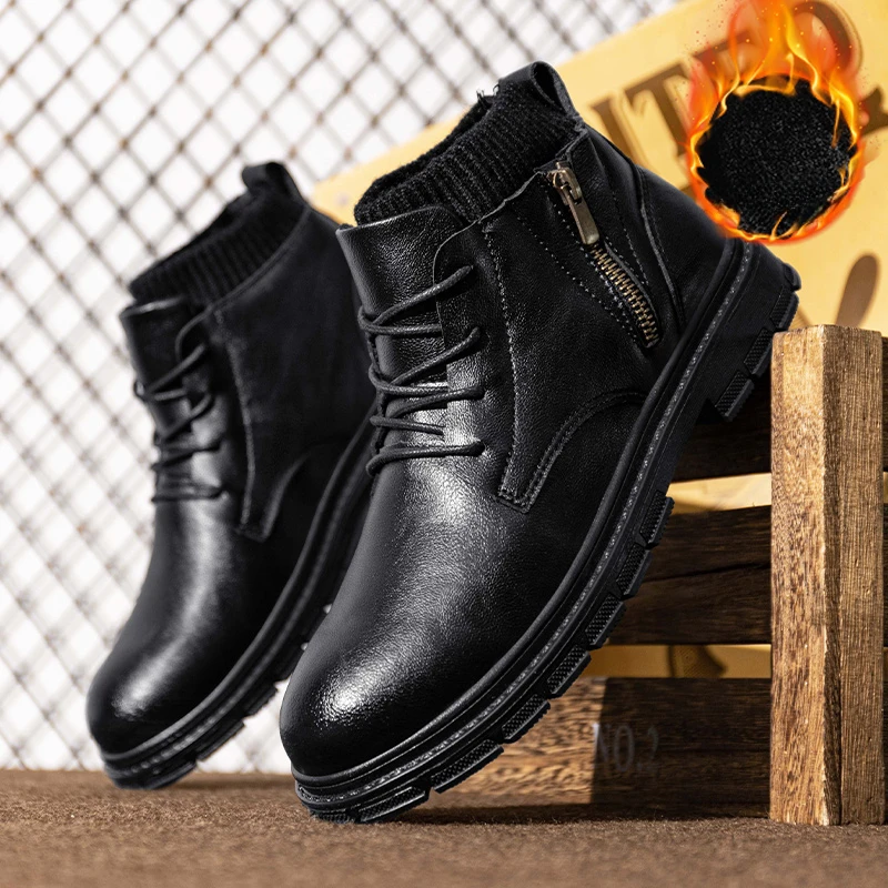 Branded men's leather boots, warm fur ankle boots, retro ankle boots, men's casual shoes for winter men