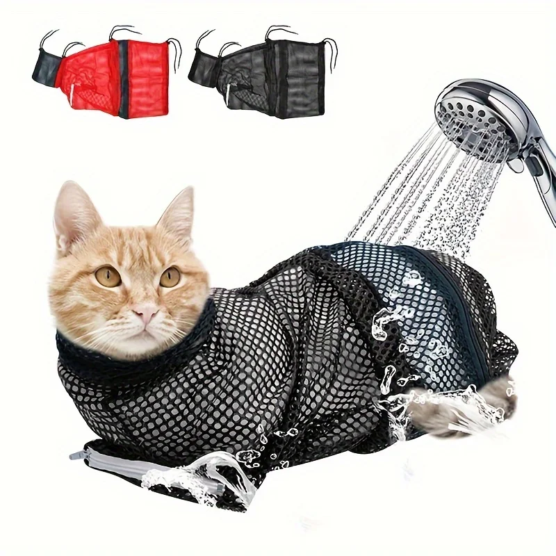 Cat Bathing Bag, Breathable Mesh Cat Shower Bag Anti Scratch Adjustable Cat Grooming Bag For Nail Trimming, Bathing Polyester So