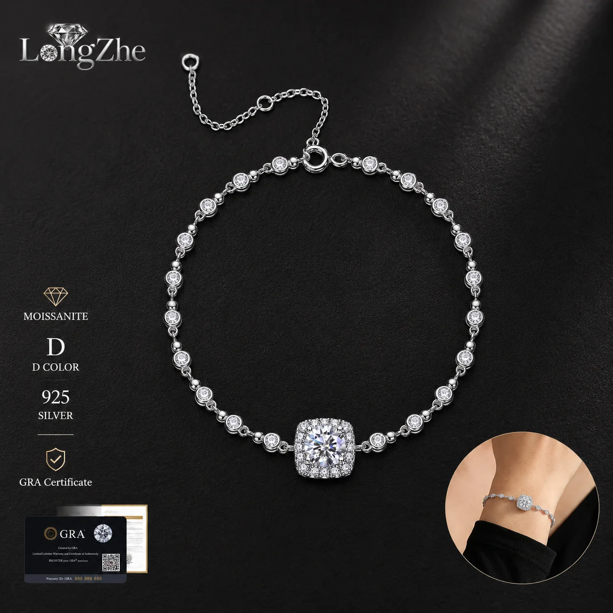 Moissanite Bracelet for Women S925 Sterling Silver 1CT Square Cut Halo Solitaire Station Chain Daily Wear Anniversary Gift