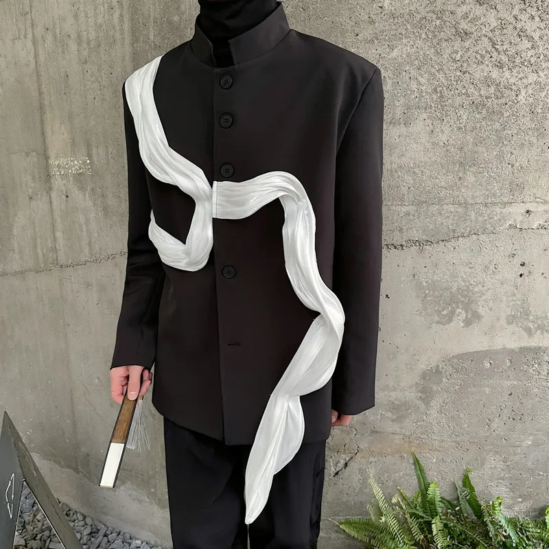 

New Chinese Design Faion ow Sle Men's Suit Jaet Autumn Spring Loose Fit Casual Long Sve Stand Collar Multi Button