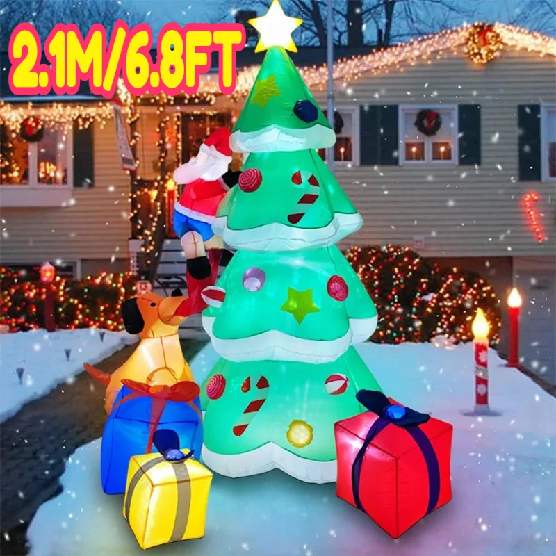 

2.1M/6.8FT Inflatable Christmas Tree Santa Claus Dog Gift Boxes Lights LED Home Decoration Toys Yard Xmas Holiday Decor Supplies