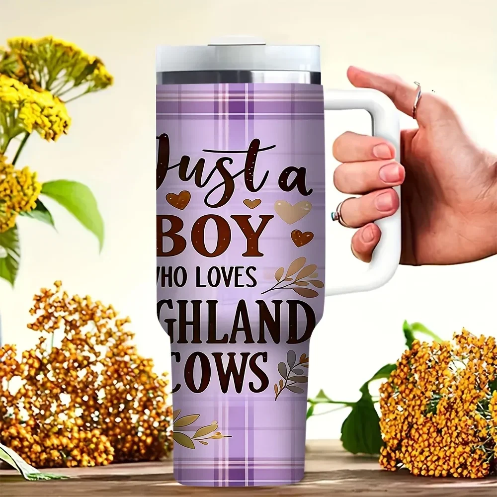 40oz Tumbler with Handle, Featuring Just A Boy Who Loves Highland Cows Print, Fits Both Hot And Cold Drinks, Ideal for Highland Cow Lovers Daily Use Outdoor And Indoor Activities